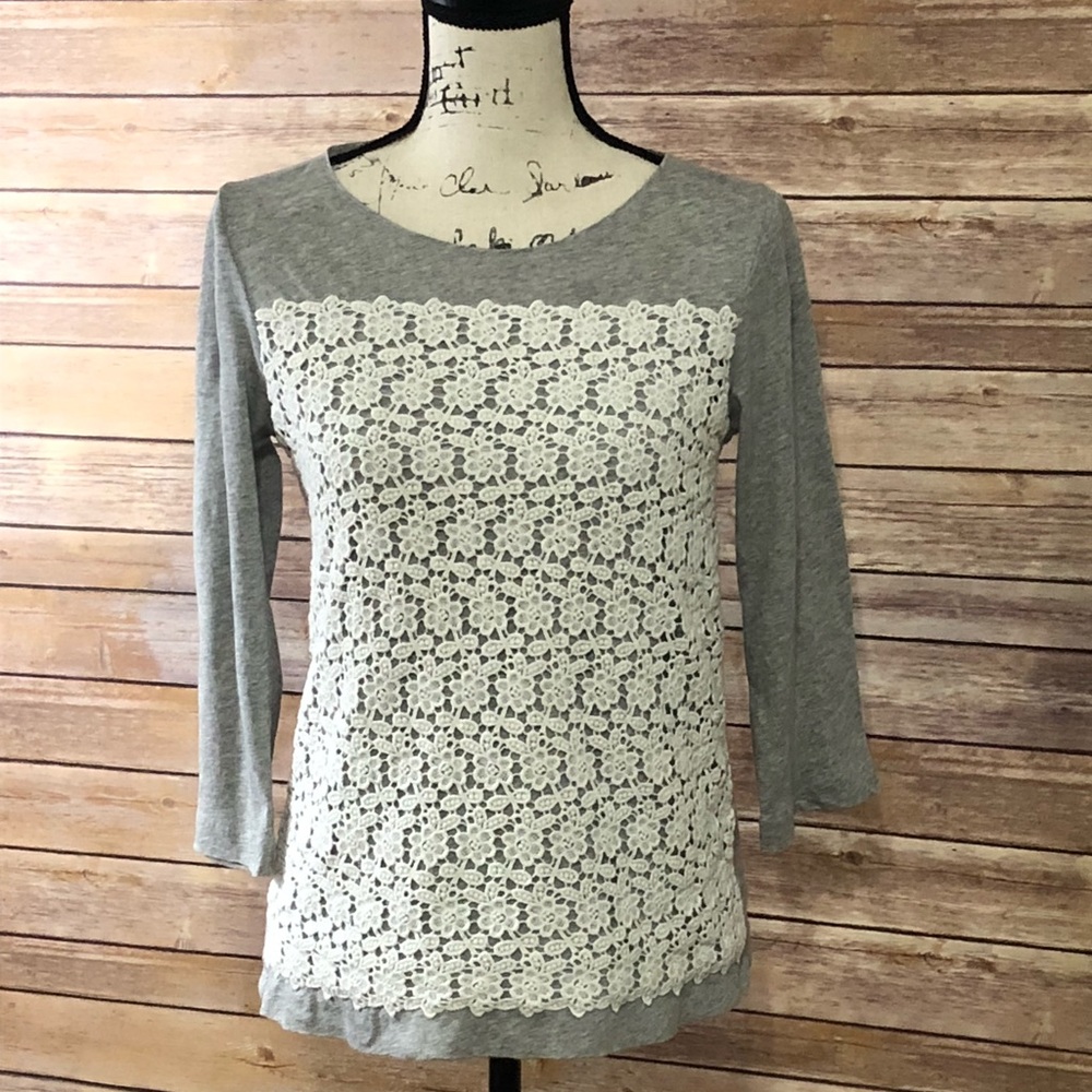 J.Crew gray 3/4 sleeve with ivory floral crochet